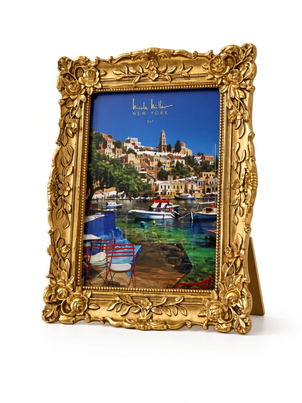 Nicole Miller New York Ornate Hollywood Regency Gold Roses 5x7 Picture Frame NEW